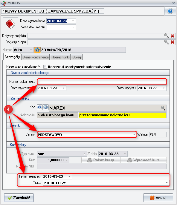 Ekran: Nowy dokument zamówienia  