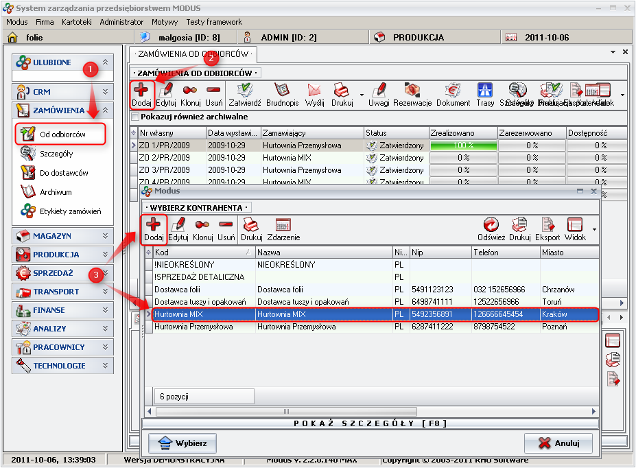 Ekran: Lista zamówień od odbiorców 