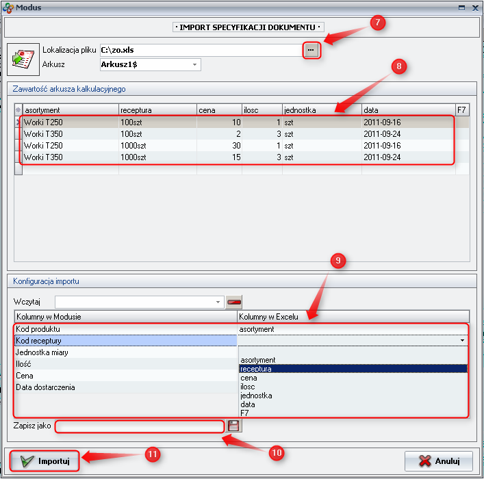 Ekran: Konfiguracja importu