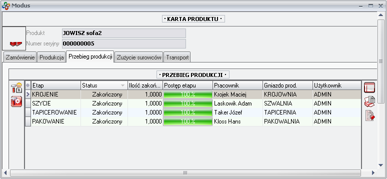 Karta produktu - przebieg produkcji 