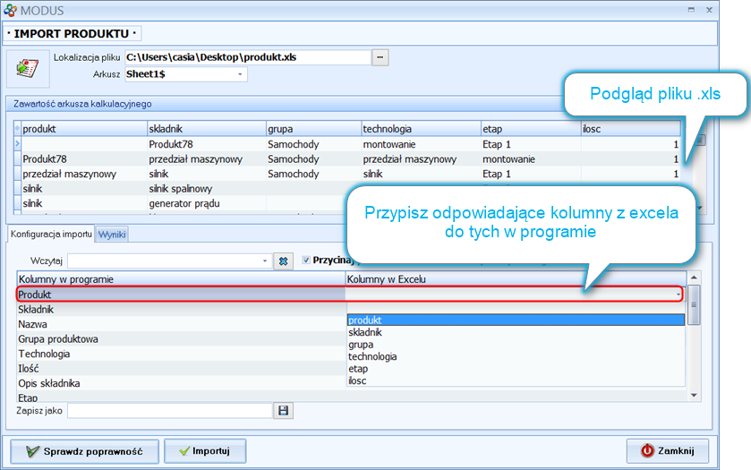 Ekran2: Parowanie kolumn  