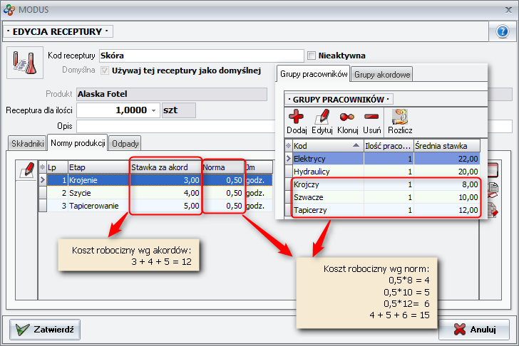 Ekran: Koszt robocizny wg. norm i wg. akordów. 