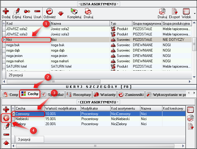 Ekran: Zakładka cech asortymentu  