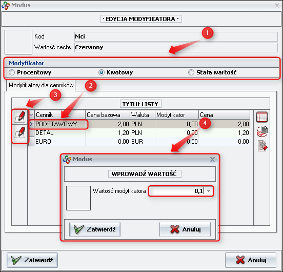 Ekran: Edycja modyfikatora cenowego  