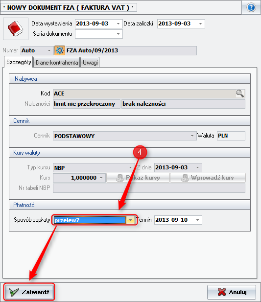 Ekran: Zatwierdzenie nagłówka dokumentu FZA 