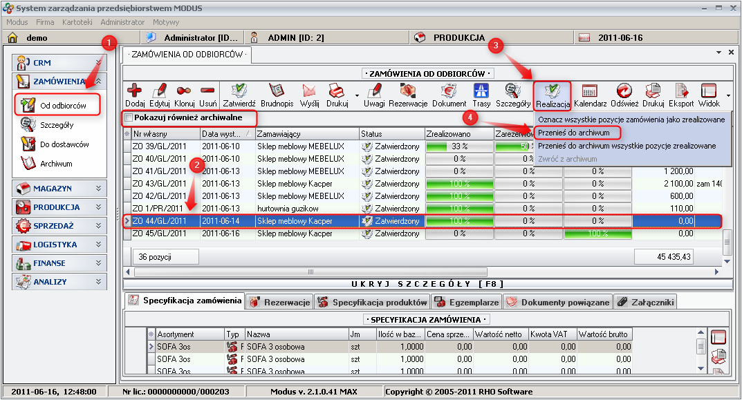 Screen: Transfering of the sales order to the archives 