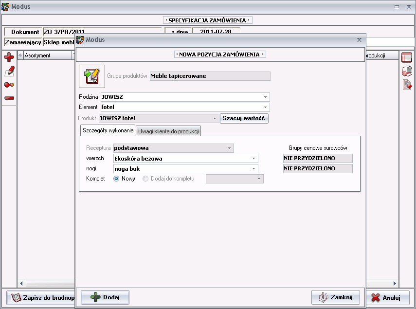 Specyfikacja zamówienia - produkt