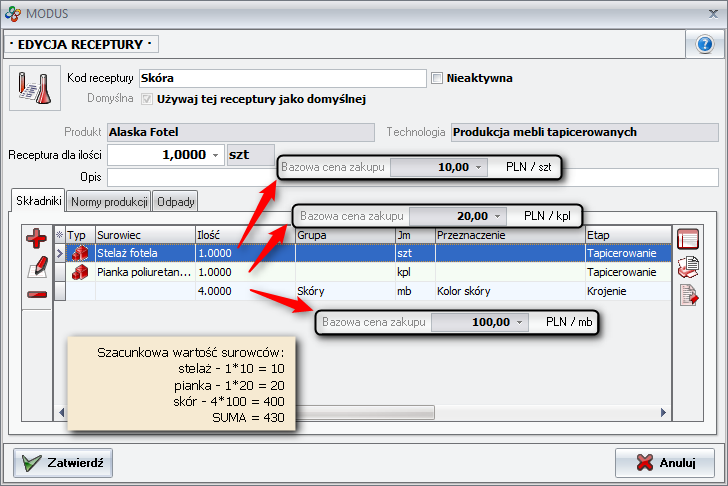 Ekran: Szacunkowa wartości surowców 