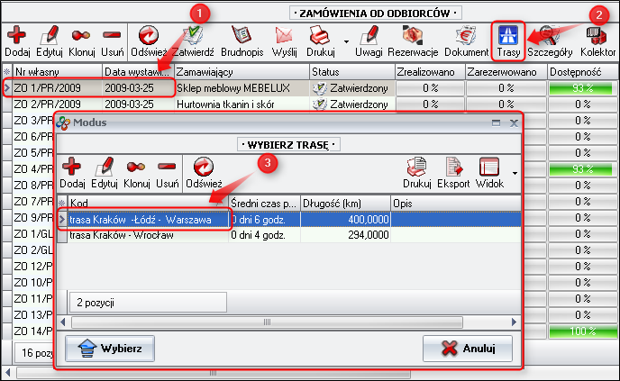 Ekran: Przydzielenie trasy do zamówienia 
