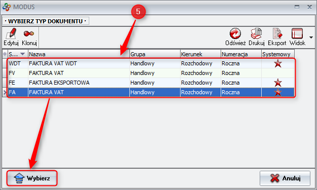 Ekran: Wybór typu dokumentu faktury finalnej 