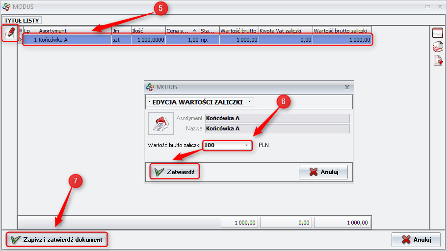 Ekran: Określenie wartości zaliczki 