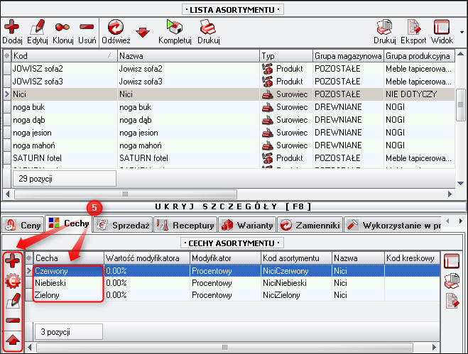 Ekran: Zakładka cech asortymentu  