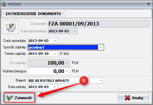 Ekran: Zatwierdzenie dokumentu FZA 