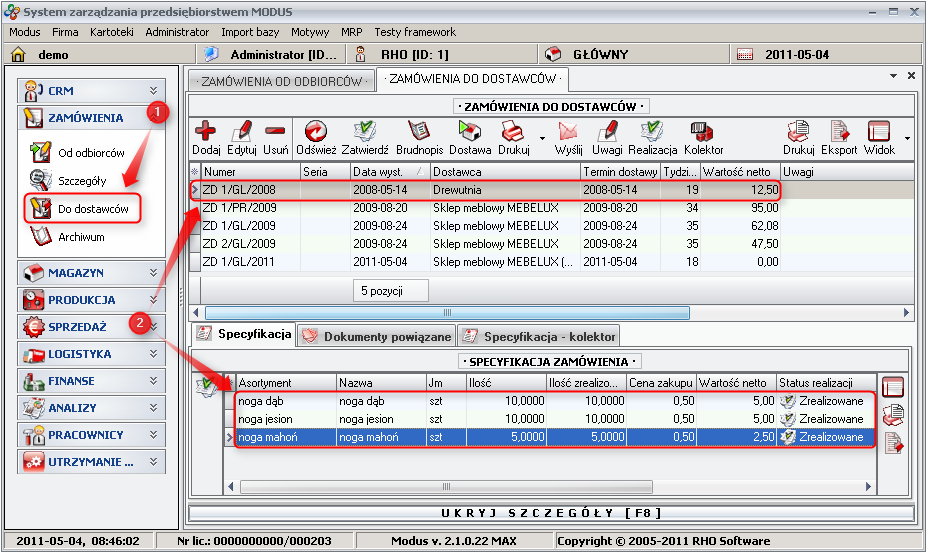 Ekran 1: Lista zamówień do dostawców 