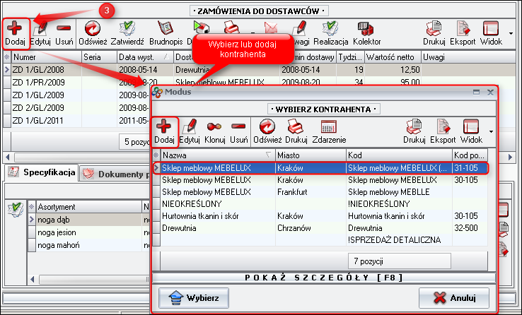 Ekran 2: Wybór kontrahenta do zamówienia  
