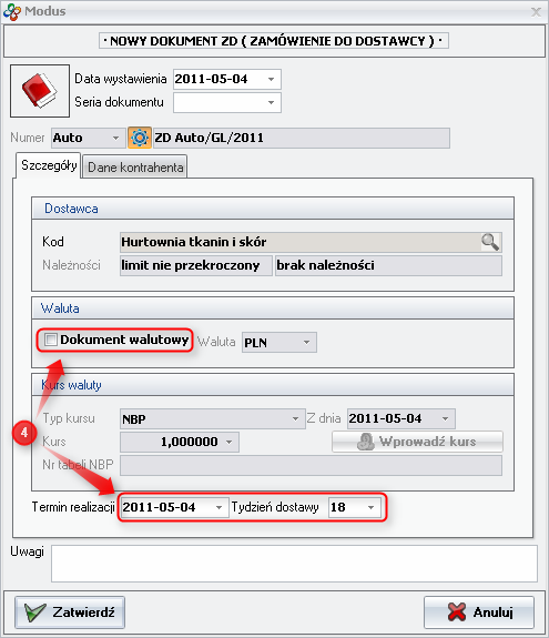 Ekran 3: Nowy dokument zamówienia  