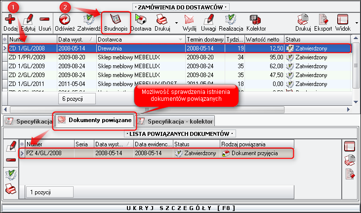 Ekran 10: Przywracanie zamówienia do brudnopisu  