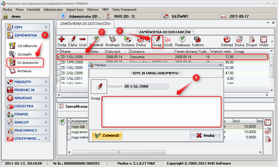 Ekran: Dodawanie uwag