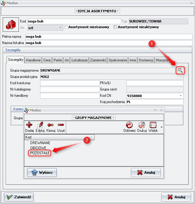 Ekran: Zmiana grupy magazynowej