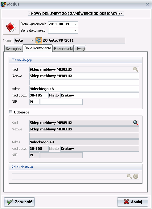 Nowy dokument ZO - Dane kontrahenta