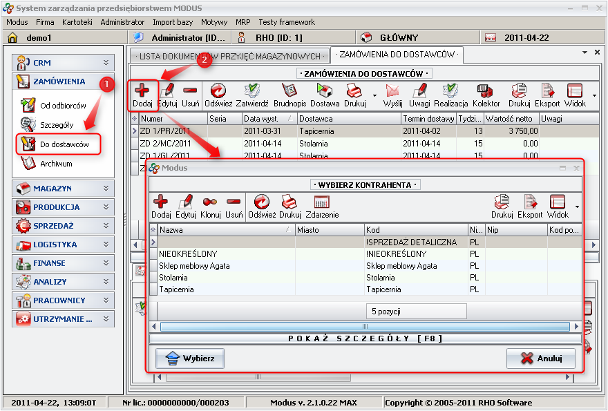 Ekran 1: Wybór kontrahenta do zamówienia