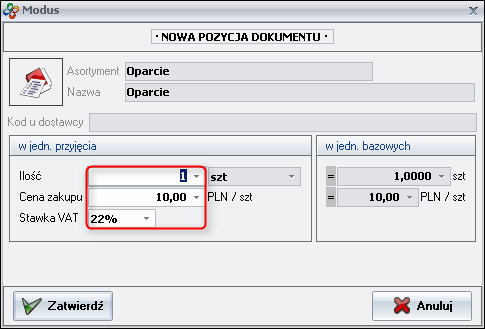 Ekran 3: Określanie ceny asortymentu 