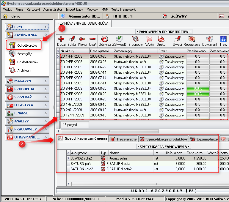 Ekran 1: Lista zamówień od odbiorców  
