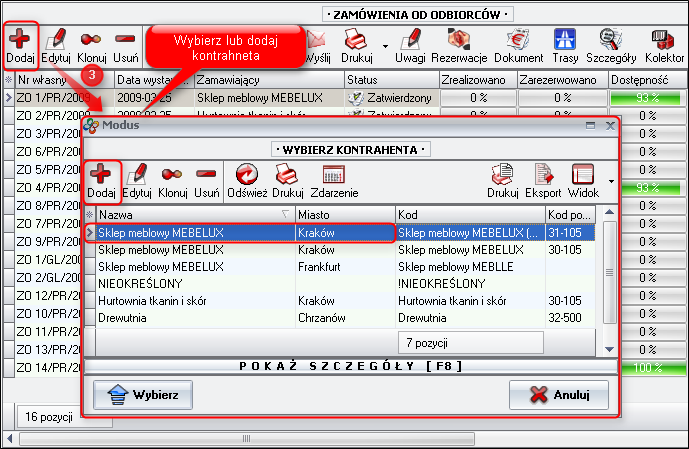 Ekran 2: Wybór kontrahenta do zamówienia  