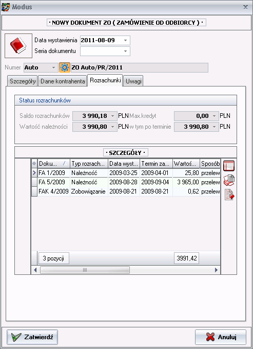 Nowy dokument ZO - Rozrachunki