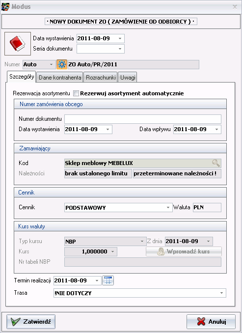 Nowy dokument ZO - Szczegóły
