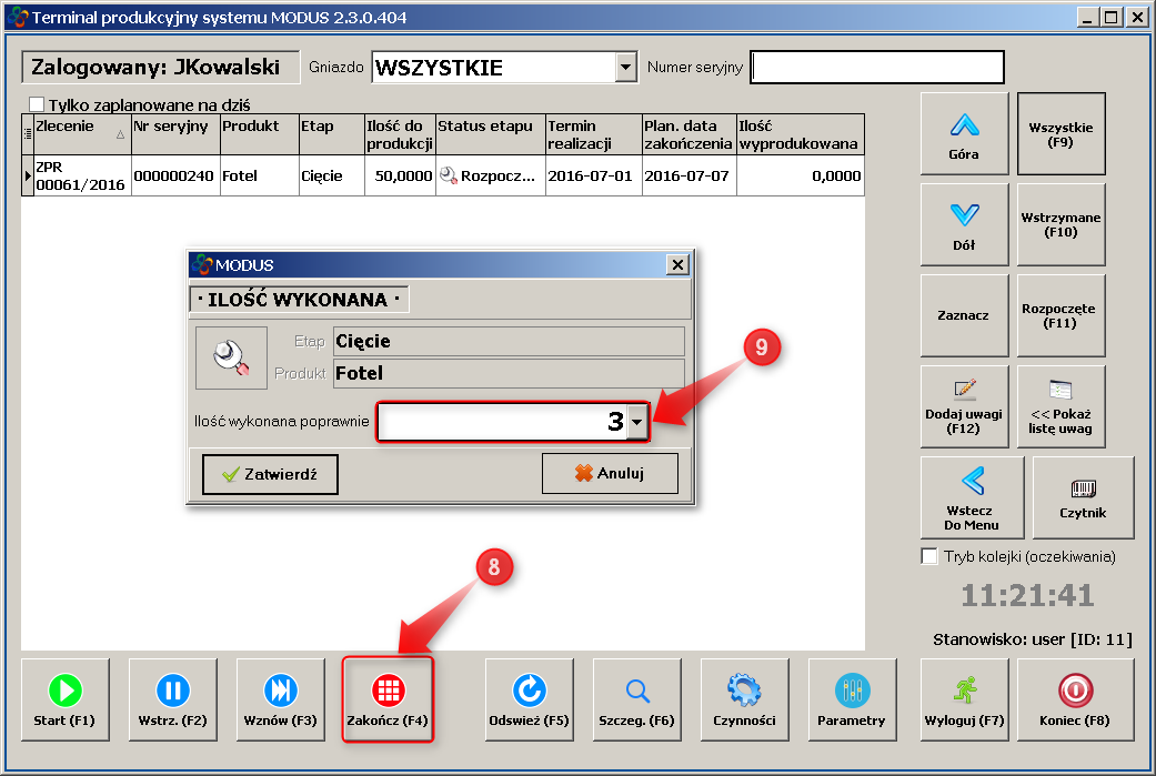 Ekran: Określenie wykonanej ilości produktu Ekran: Określenie wykonanej ilości produktu
