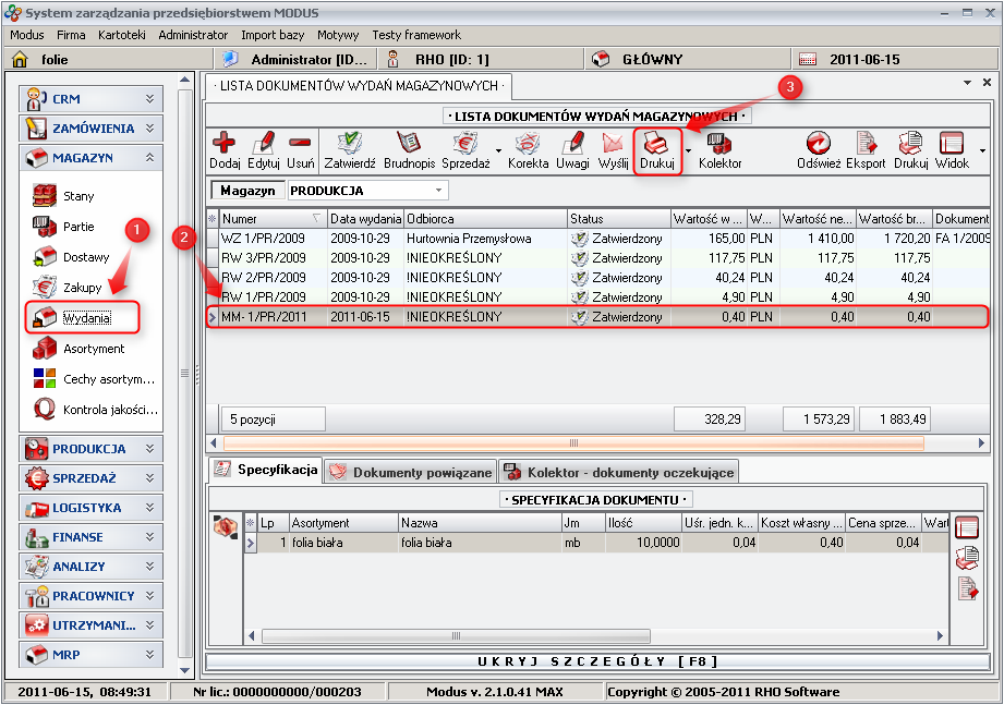 |Ekran: Wydruk dokumentu wydania magazynowego