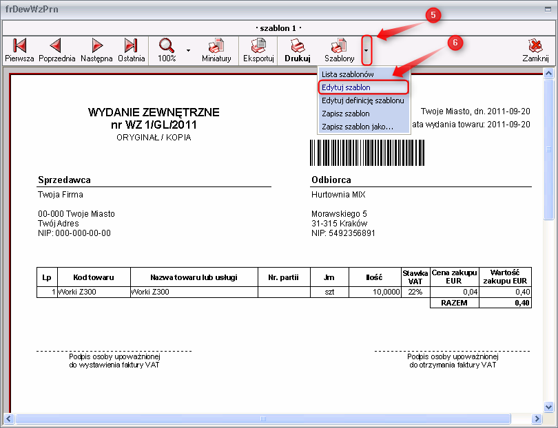 |Ekran: Edycja szablonu wydruku