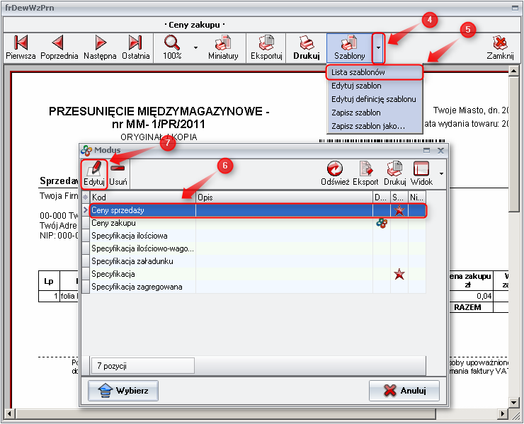|Ekran: Wydruk wg. wybranego szablonu |Ekran: Wydruk wg. wybranego szablonu